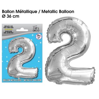 Ballon géant aluminium chiffre 2 argent 36cm