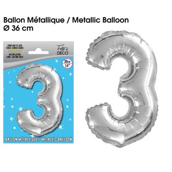 Ballon géant aluminium chiffre 3 argent 36cm