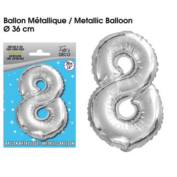 Ballon géant aluminium chiffre 8 argent 36cm