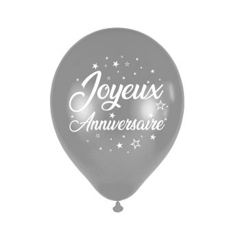 Ballon latex joyeux anniversaire argenté x6