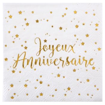 Lot de 20 serviettes joyeux anniversaire metallisées 25cm