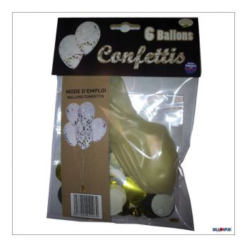 Lot de 6 ballons latex avec confettis or, noir et blanc 28cm