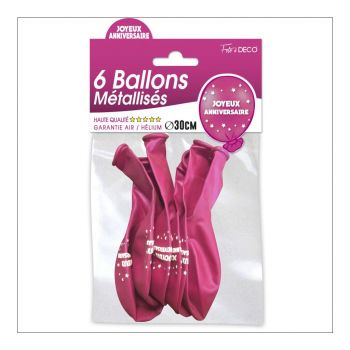 Lot de 6 ballons latex joyeux anniversaire fuchsia