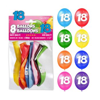 Lot de 8 ballons 18 ans latex multicolore