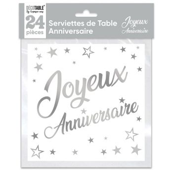 Serviette joyeux anniversaire argent x24