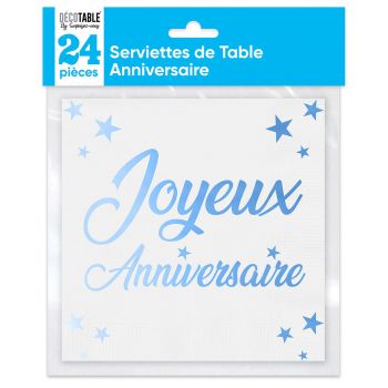 Serviette joyeux anniversaire bleu x24