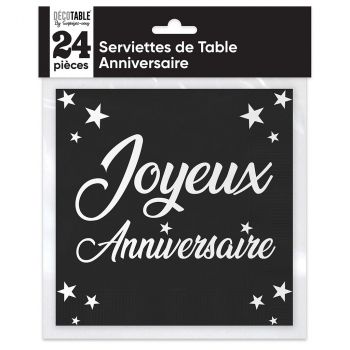 Serviette joyeux anniversaire noir x24