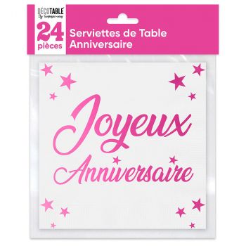 Serviette joyeux anniversaire rose x24