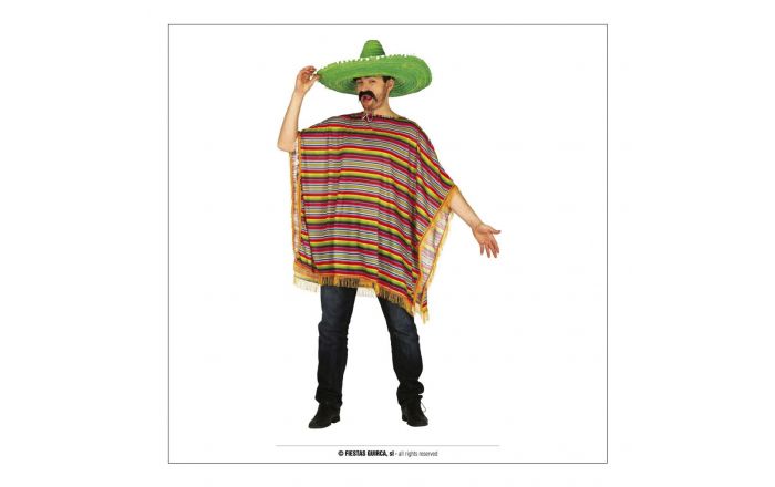 Poncho Mexicain Adulte Azurconfiserie - Multicolore, Franges Blanches - Taille Unique