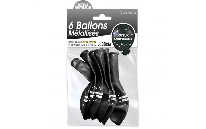 Lot De 6 Ballons Latex Joyeux Anniversaire Noir